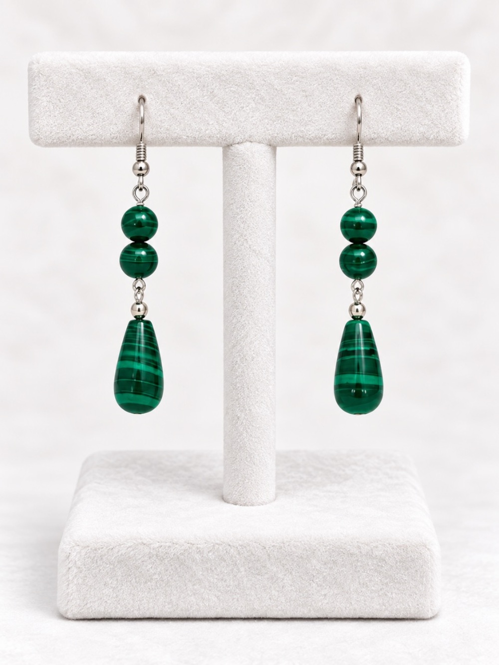 Malachite Green Beaded Teardrop Dangle Earrings – Silver Tone